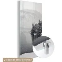 MuchoWow Glasschilderij 60x120 cm - Schilderij acrylglas - Water - Winter - Natuur - Dennenboom - Foto op glas - Schilderijen