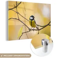 MuchoWow - Glasschilderij - Vogel - Koolmees - Geel - Takken - Blad - Acrylglas - Foto op glas - 120x80 cm - Glasschilderij vogels - Wanddecoratie - Glasschilderij natuur