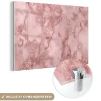 MuchoWow Glasschilderij 120x80 cm - Schilderij acrylglas - Rose gold - Glitter - Marmer - Agaat - Foto op glas - Schilderijen