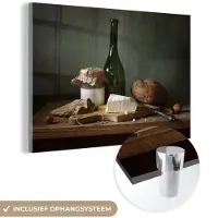 MuchoWow Glasschilderij 120x80 cm - Schilderij acrylglas - Rustiek - Brie - Stilleven - Fles - Brood - Foto op glas - Schilderijen
