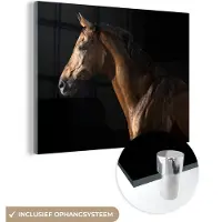 MuchoWow Glasschilderij 80x60 cm - Schilderij acrylglas - Paard - Dieren - Nacht - Zwart - Foto op glas - Schilderijen