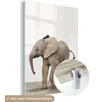 MuchoWow Glasschilderij 60x80 cm - Schilderij acrylglas - Baby olifant - Dieren - Olifant - Kinderen - Meiden - Jongens - Foto op glas - Schilderijen