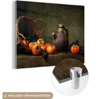 MuchoWow Glasschilderij 160x120 cm - Schilderij acrylglas - Rustiek - Fruit - Kan - Mand - Stilleven - Foto op glas - Schilderijen
