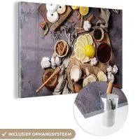 MuchoWow Glasschilderij 180x120 cm - Schilderij acrylglas - Thee - Citroen - Honing - Donut - Kruiden - Foto op glas - Schilderijen
