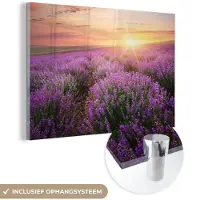 MuchoWow Glasschilderij 180x120 cm - Schilderij acrylglas - Lavendel - Zon - Bloemen - Foto op glas - Schilderijen