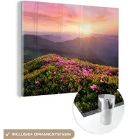 MuchoWow Glasschilderij 160x120 cm - Schilderij acrylglas - Bloemen - Berg - Zonsondergang - Landschap - Foto op glas - Schilderijen