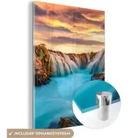 MuchoWow - Glasschilderij - Foto op glas - Acrylglas - Watervallen - Zonsondergang - Landschap - Acrylglas - Schilderij op glas - Wanddecoratie - 120x160 cm - Schilderij glas