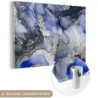 MuchoWow Glasschilderij 180x120 cm - Schilderij acrylglas - Marmer - Goud - Abstract - Blauw - Foto op glas - Schilderijen