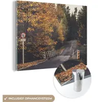 MuchoWow Glasschilderij 160x120 cm - Schilderij acrylglas - Bomen - Weg - Herfst - Foto op glas - Schilderijen