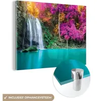 MuchoWow - Glasschilderij - Acrylplaat - Waterval - Oase - Boom - Glasschilderij waterval - Schilderij glas - Wanddecoratie - 160x120 cm - Acrylglas - Foto op glas