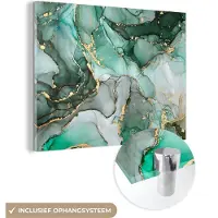 MuchoWow Glasschilderij 160x120 cm - Schilderij acrylglas - Goud - Marmer - Groen - Luxe - Marmerlook - Grijs - Foto op glas - Muurdecoratie woonkamer - Wanddecoratie slaapkamer - Schilderijen