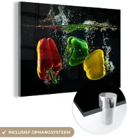 MuchoWow Glasschilderij 180x120 cm - Schilderij acrylglas - Paprika - Groente - Water - Zwart - Rood - Groen - Geel - Foto op glas - Schilderijen