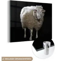 MuchoWow Glasschilderij 160x120 cm - Schilderij acrylglas - Schaap - Boerderijdieren - Zwart - Foto op glas - Schilderijen