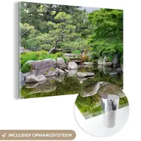 MuchoWow - Glasschilderij - Foto op glas - Brug - Stenen - Water - Bomen - Japan - 180x120 cm - Acrylglas - Glasschilderij natuur - Wanddecoratie - Muurdecoratie