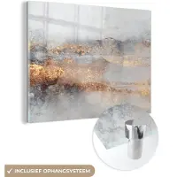 MuchoWow Glasschilderij 160x120 cm - Schilderij acrylglas - Mist - Goud - Abstract - Foto op glas - Schilderijen