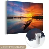 MuchoWow - Glasschilderij - Kamer decoratie - Boot - Zonsondergang - Oranje - Water - 180x120 cm - Wanddecoratie - Foto op glas - Glas schilderij - Acrylglas