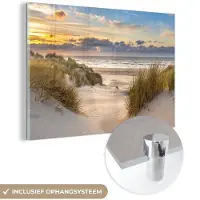MuchoWow Glasschilderij - Foto op glas - Strand - Zee - Zon - Duin - Wanddecoratie - 180x120 cm - Schilderij glas - Kamer decoratie - Acrylglas - Schilderijen woonkamer - Portret van de zomer