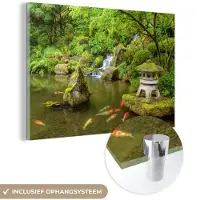 MuchoWow - Glasschilderij - Foto op glas - Acrylglas - Waterval - Koi - Japanse lantaarn - Mos - Water - Natuur - 180x120 cm - Glasschilderij natuur - Woondecoratie - Wanddecoratie