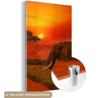 MuchoWow Glasschilderij - Olifant - Zon - Savanne - Natuur - Muurdecoratie - Schilderij glas - Acrylglas - 120x180 cm - Wanddecoratie - Foto op glas