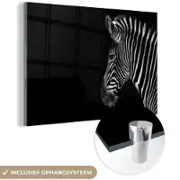 MuchoWow Glasschilderij 180x120 cm - Schilderij acrylglas - Zebra - Wilde dieren - Zwart - Foto op glas - Schilderijen