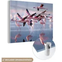 MuchoWow Glasschilderij - Acrylglas - Flamingo - Zee - Water - Vogel - Tropical - Foto op glas - Muurdecoratie - 160x120 cm - Wanddecoratie - Schilderij glas - Schilderij dieren - Woondecoratie