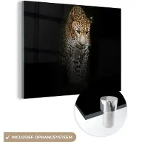 MuchoWow Glasschilderij 160x120 cm - Schilderij acrylglas - Luipaard - Reflectie - Zwart - Foto op glas - Schilderijen