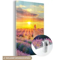 MuchoWow Glasschilderij - Foto op glas - Lavendel - Zonsondergang - Bloemen - Wolken - 120x180 cm - Acrylglas - Muurdecoratie glas - Schilderij glas - Kamerdecoratie - Glasschilderij bloemen