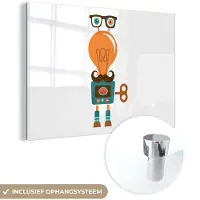 MuchoWow Glasschilderij 180x120 cm - Schilderij acrylglas - Robot - Bril - Gloeilamp - Snor - Kinderen - Jongens - Foto op glas - Schilderijen