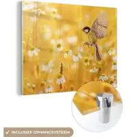 MuchoWow Glasschilderij 160x120 cm - Schilderij acrylglas - Vogel - Koolmees - Bloemen - Margriet - Foto op glas - Schilderijen