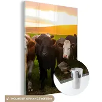 MuchoWow Glasschilderij - Foto op glas - Koeien - Stier - Dieren - Gebergte - Zonsondergang - Acrylplaat - Schilderij glas - Muurdecoratie - 120x160 cm - Acrylglas