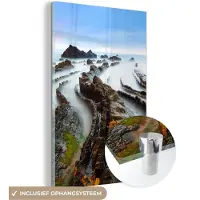 MuchoWow Glasschilderij 120x180 cm - Schilderij acrylglas - Mist - Rotsen - Water - Natuur - Foto op glas - Schilderijen