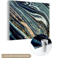MuchoWow Glasschilderij marmer - Goud - Luxe - Marmerlook - Glitter - Glas schilderij - Glasplaat - Woonkamer - Kamerdecoratie - Foto op glas - 160x120 cm - Wanddecoratie glas - Schilderij glas