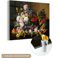 MuchoWow Glasschilderij 160x120 cm - Schilderij acrylglas - Stilleven met bloemen en fruit - Kunstwerk - Oude meesters - Foto op glas - Schilderijen