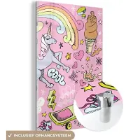 MuchoWow Glasschilderij 120x180 cm - Schilderij acrylglas - Meisjes - Design - Unicorn - Regenboog - Roze - Foto op glas - Schilderijen