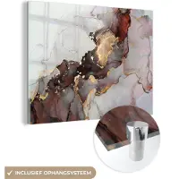 MuchoWow Glasschilderij 160x120 cm - Schilderij acrylglas - Rood - Marmer - Goud - Foto op glas - Schilderijen
