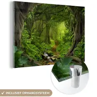MuchoWow - Glasschilderij - Schilderij glas - Jungle - Rivier - Boom - Groen - Stenen - Foto op glas - Acrylglas - Schilderijen woonkamer - 180x120 cm - Wanddecoratie - Muurdecoratie