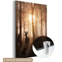 MuchoWow Glasschilderij - Muurdecoratie - Bos - Hert - Natuur - Zonsondergang - Dieren - Foto op glas - Schilderij glas - 120x160 cm - Glasschilderij dieren - Acrylglas