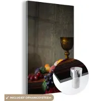 MuchoWow Glasschilderij 120x180 cm - Schilderij acrylglas - Rustiek - Tafel - Fruit - Stilleven - Beker - Foto op glas - Schilderijen