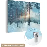 MuchoWow Glasschilderij 160x120 cm - Schilderij acrylglas - Winter - Zon - Sneeuw - Bos - Foto op glas - Schilderijen