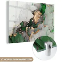MuchoWow Glasschilderij 180x120 cm - Schilderij acrylglas - Marmer - Goud - Groen - Luxe - Foto op glas - Schilderijen