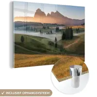 MuchoWow Glasschilderij 180x120 cm - Schilderij acrylglas - Berg - Mist - Landschap - Foto op glas - Schilderijen