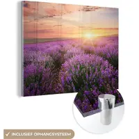 MuchoWow Glasschilderij 160x120 cm - Schilderij acrylglas - Lavendel - Zon - Bloemen - Foto op glas - Schilderijen