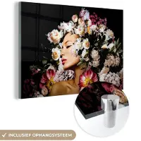 MuchoWow Glasschilderij vrouw - Bloemen - Wit - Rozen - Portret - Glas decoratie - Glasplaat - Foto op glas - Woonkamer decoratie - 180x120 cm - Glasschilderijen - Muurdecoratie glas - Slaapkamer