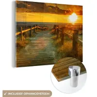 MuchoWow Glasschilderij - Foto op glas - Zon - Strand - Duin - Horizon - Acrylglas - 160x120 cm - Kamer decoratie - Acrylplaat - Wanddecoratie - Schilderij strand
