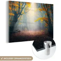 MuchoWow Glasschilderij 180x120 cm - Schilderij acrylglas - Bos - Mist - Herfst - Foto op glas - Schilderijen