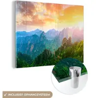 MuchoWow - Glasschilderij natuur - Wanddecoratie - Berg - Natuur - Wolken - Zonsondergang - Steen - Foto op glas - Acrylglas - Schilderij glas - 160x120 cm - Schilderijen woonkamer