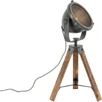 QAZQA Industriële tafellamp tripod staal met hout kantelbaar - Emado