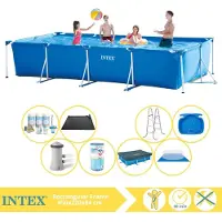 OEM Rechthoekig Frame Zwembad - 450 x 220 x 84 cm - Blauw - Inclusief Afdekzeil - Onderhoudspakket - Zwembadfilterpomp - Filter - Grondzeil - Solar Mat - Ladder - Voetenbad - 9-delig