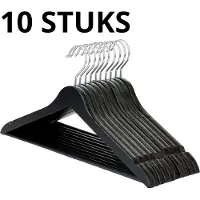 Wicotex -Kledinghanger – SET 10 stuks - houten-kleerhanger, met rok inkepingen en broekspijpen, draaibare haak, Dames en heren kleding - Zwart