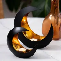 GADGY Waxinelichthouder Maan - Theelichthouder – Set van 2: 15 cm en 21 cm – Zwart / Goud - Metaal